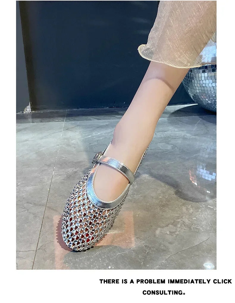 Luxury Crystal Rhinestone Fishnet Ballet Flats Woman Brand Design Rivet Mesh Mary Jane Shoes Ladies Summer Loafers Plus Size 42