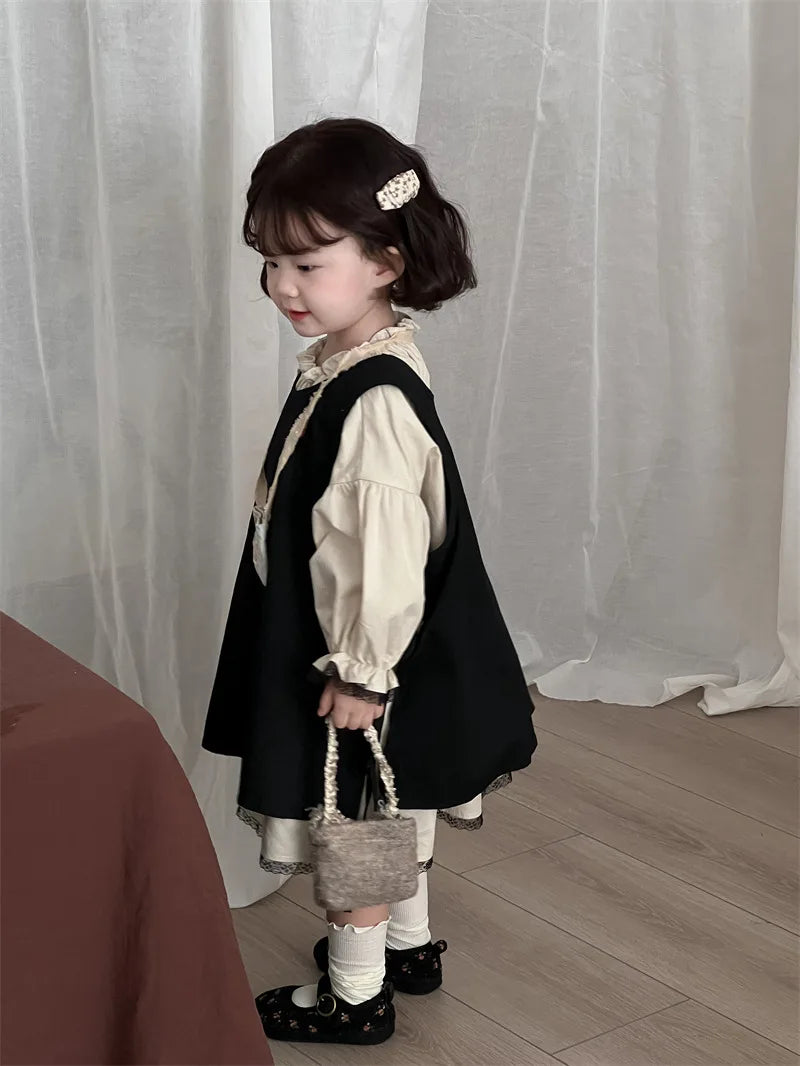 4768 Children Dress Set Spring Autumn New Retro Girl's Dress Lace Skirt 2-piece Set