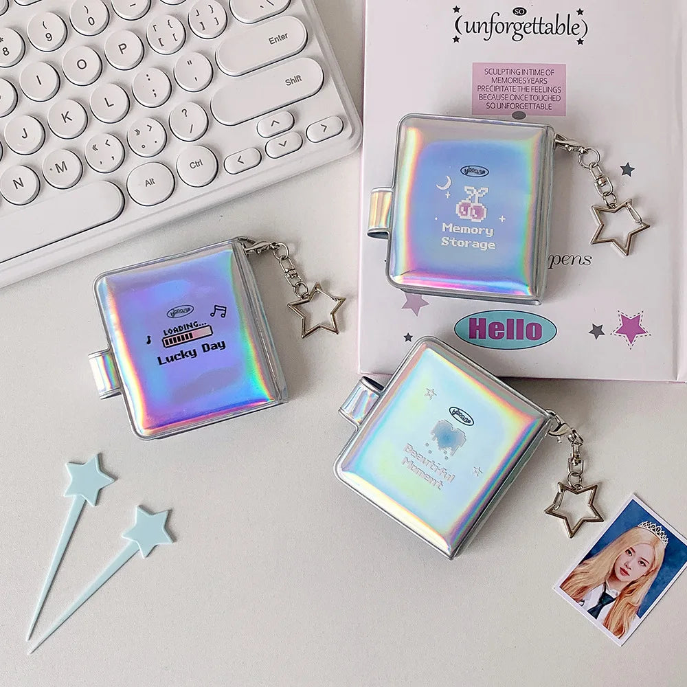 32 Pockets 16 Pages Laser Color Photo Album for 1.4x2.1 Inch Mini Photo Name Card K-pop Star Photocard Album with Keychain