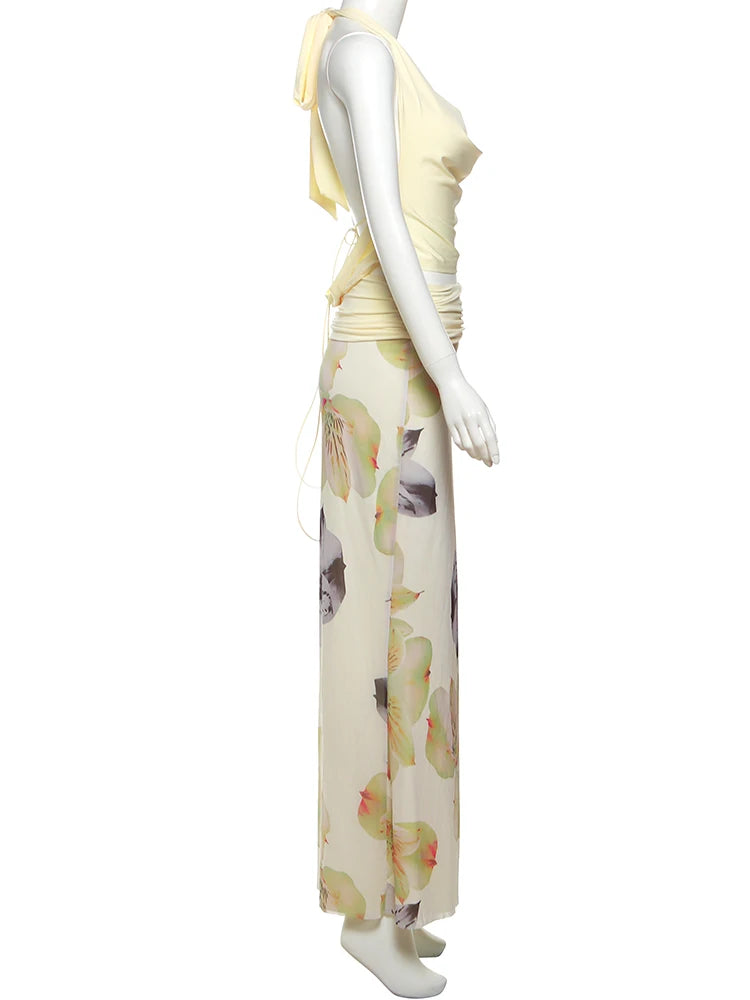 Nibber Temperament Frauen 3-teiliges Set Stapel-Trend Neckholder-Tops + geteilte Quasten-Hose + Blumen-Netzröcke Passende Urlaubskleidung