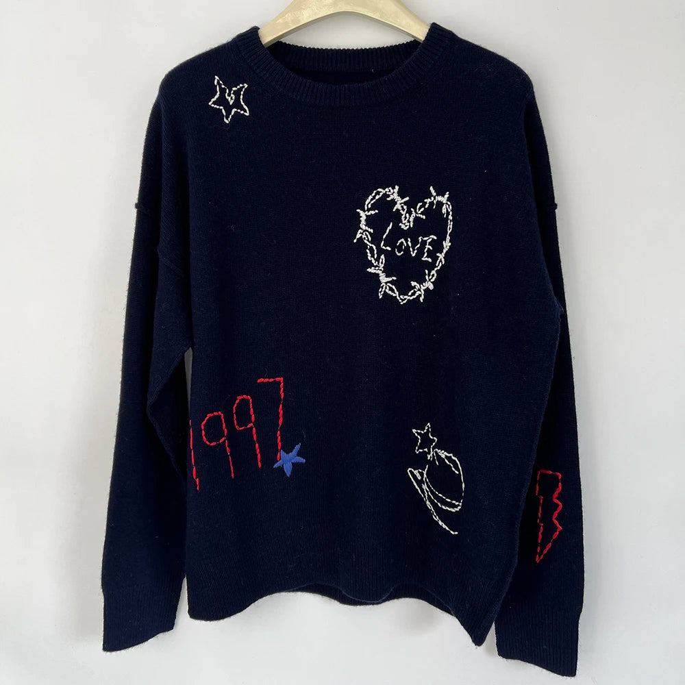 Rowan M538 Letter Jacquard Knit Pullover Winter O-Neck Long Sleeve Buttons Female Sweater Classic Casual Lady Top 2026
