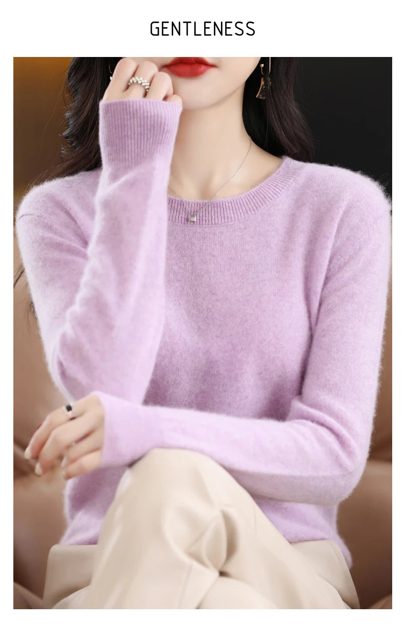 Women 100% Merino Wool Sweater O-Neck Long Sleeve Cashmere Knitwear Pullover Aliselect Fashion Autumn Winter Clothing Tops