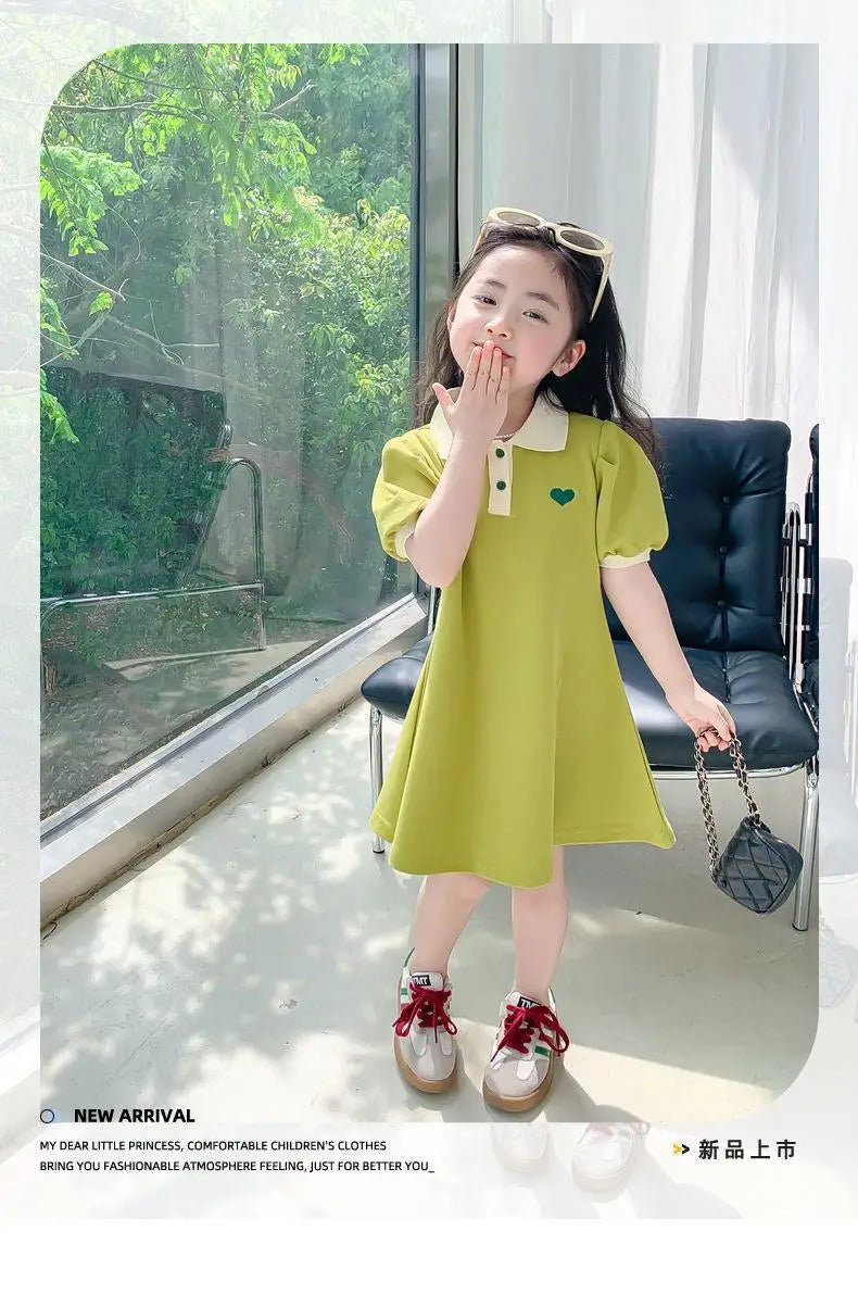 2025 New Children's Dress Girls' Summer Korean Edition Fashion Casual Striped Collar Short sleeved Dress1-10Y