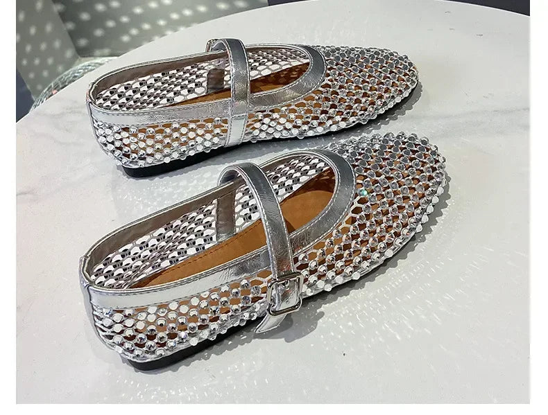 Luxury Crystal Rhinestone Fishnet Ballet Flats Woman Brand Design Rivet Mesh Mary Jane Shoes Ladies Summer Loafers Plus Size 42