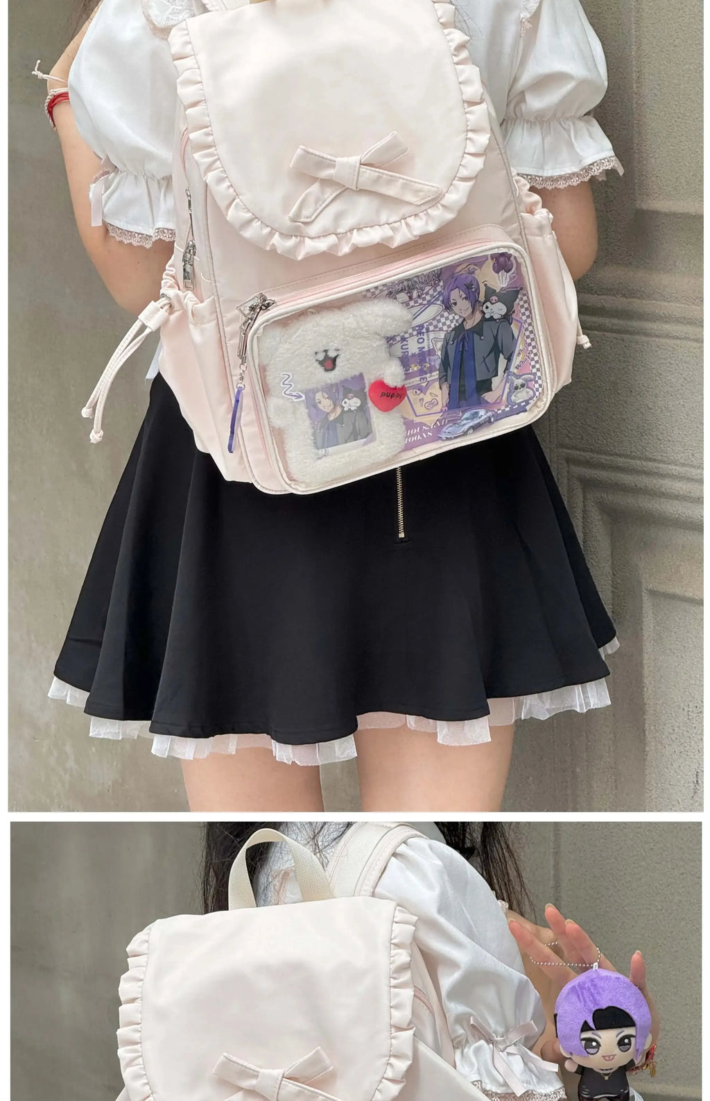 Original Two-dimensional Cute Transparent Large-capacity Backpack Women Sweet Bow Rabbit Ears Bags Preppy Style Kawaii Backpacks