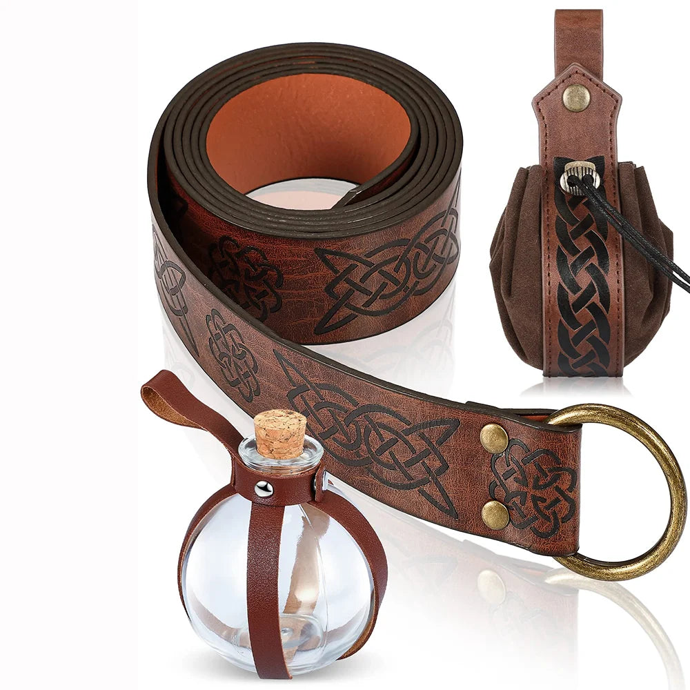 Renaissance Viking Medieval Costume Set Belt and Cork Potion Bottle Bag Pouch Halloween Cosplay Costume Props LARP Accessories