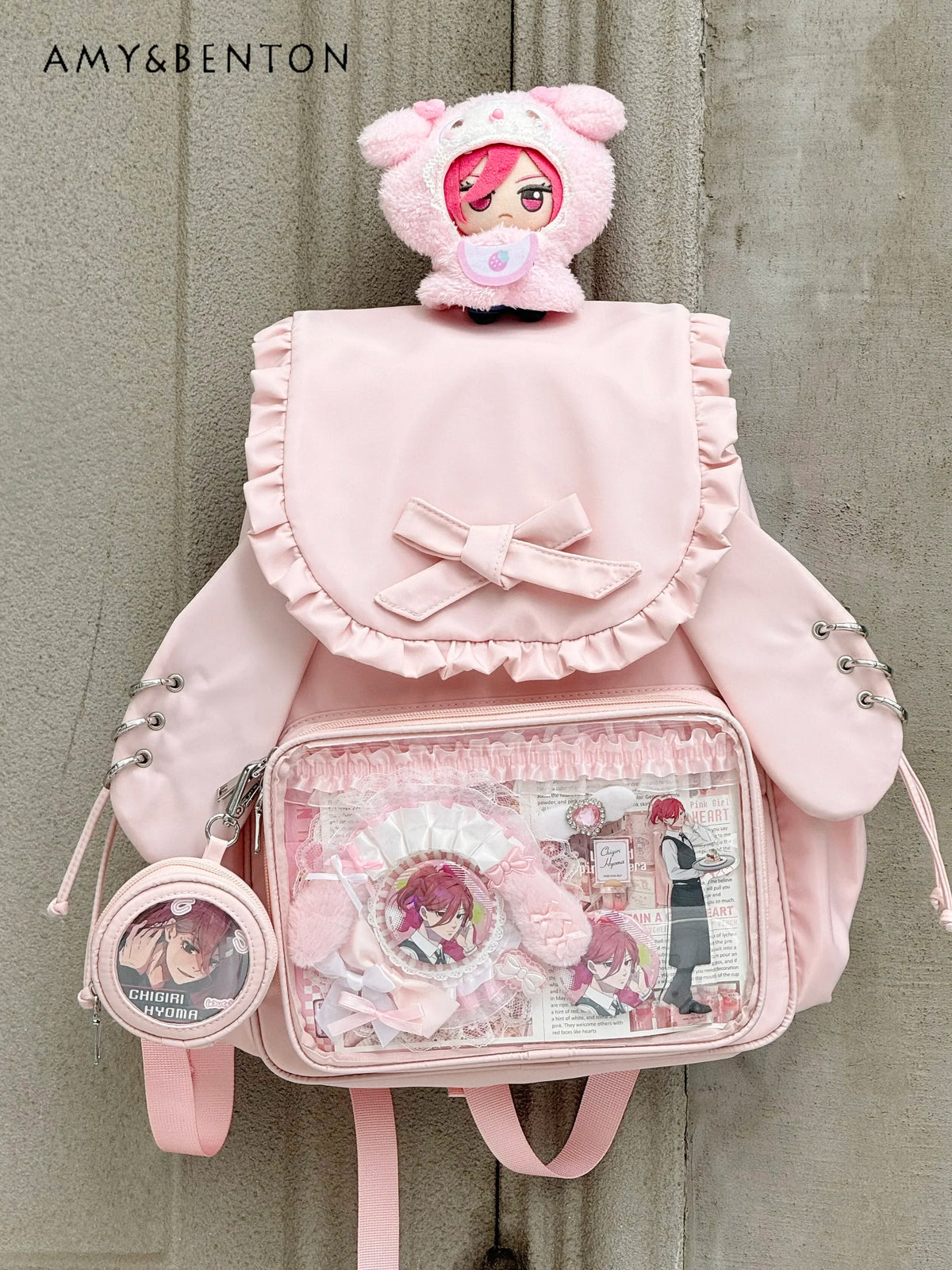 Original Two-dimensional Cute Transparent Large-capacity Backpack Women Sweet Bow Rabbit Ears Bags Preppy Style Kawaii Backpacks