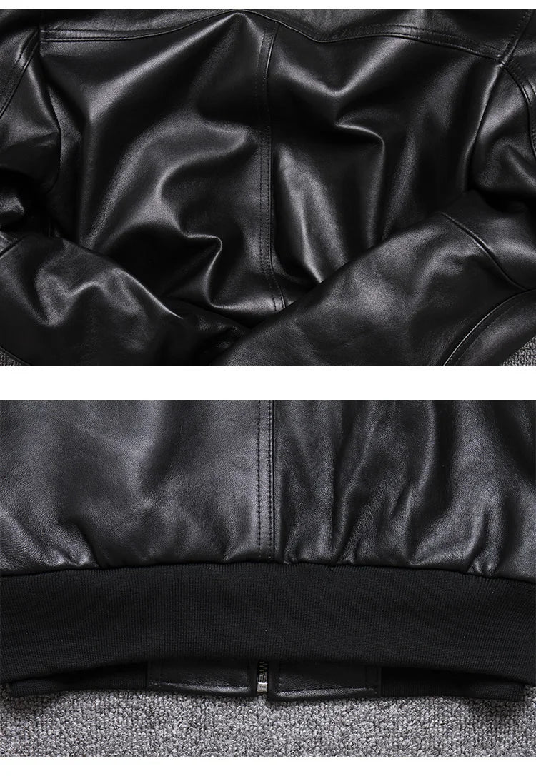 Leder Bomberjacke Herren Fliegerjacke Schwarzes echtes Leder Schaffell Kurz Slim Business Jacke Leder