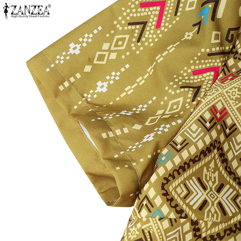 ZANZEA Vintage Geometric Print A-Line Dress Women Fake Two-Piece Stand Collar Short Sleeve Knee-Length Robes Holiday Vestidos