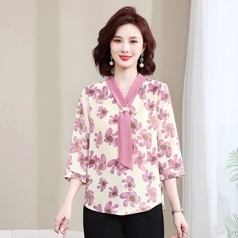 Fashion Printed Spring and Autumn shawl collar Women's Fashion Floral Checked Mid Sleeved Loose Chiffon Tops