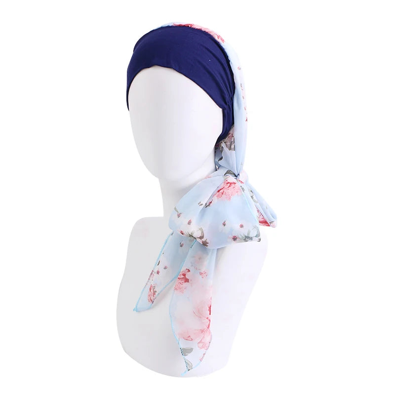 New Muslim Women Hijab Head Wrap Pre-Tied Headwear Cancer Chemo Flower Printed Elastic Turban Cover Hair Loss Head Scarf Bandana