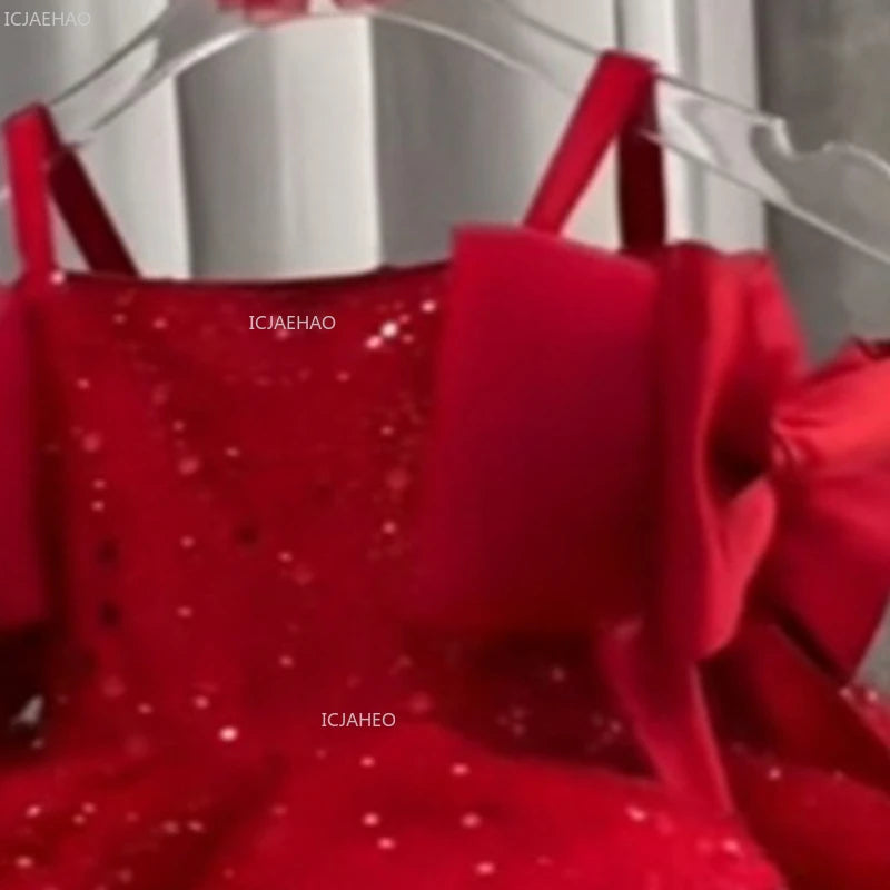 New Children Girls Red Sequin Party Dress Puffy Tulle Princess Gown for Kids Birthday Christmas Celebration Pageant Formal Wear