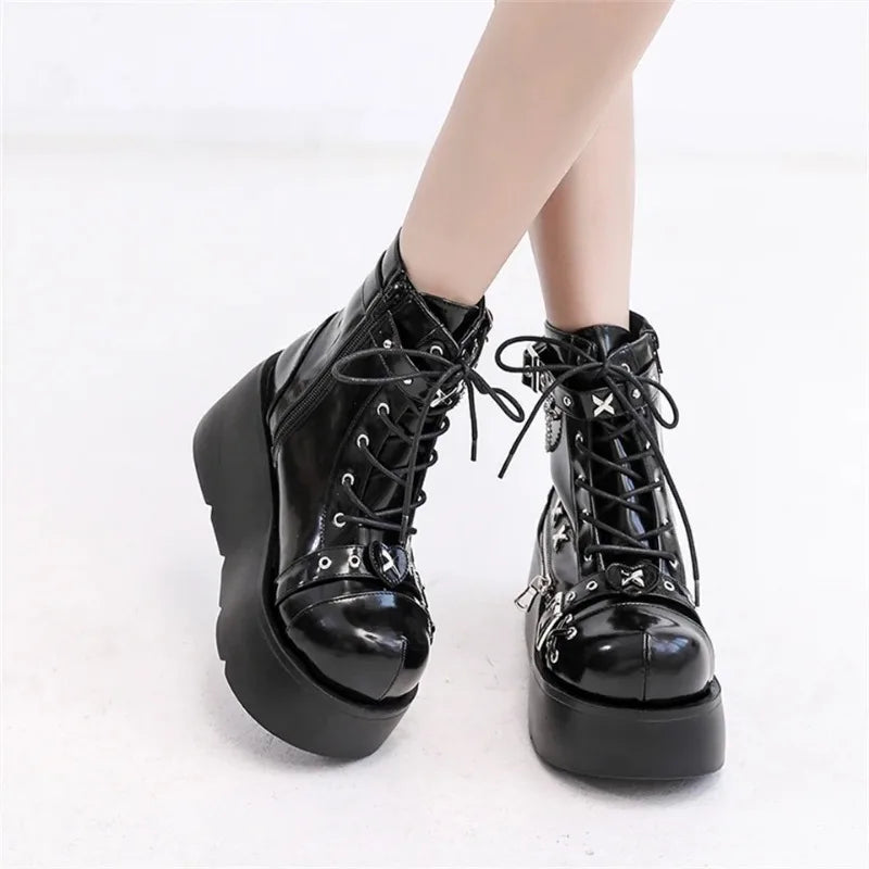 Platform Wedges Women Ankle Boots Autumn Winter Gothic Street Comfy Fashion Cool Woman Shoes Motorcycle Boots Big Size 43