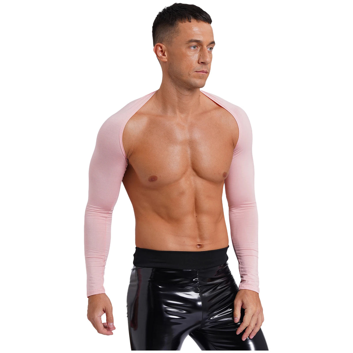 Men Open Front Half Crop Top Solid Long Sleeve Cardigan Bolero Shrug Tops Muscle Arm Sleeves Workout Sports Gym Tops Clubwear