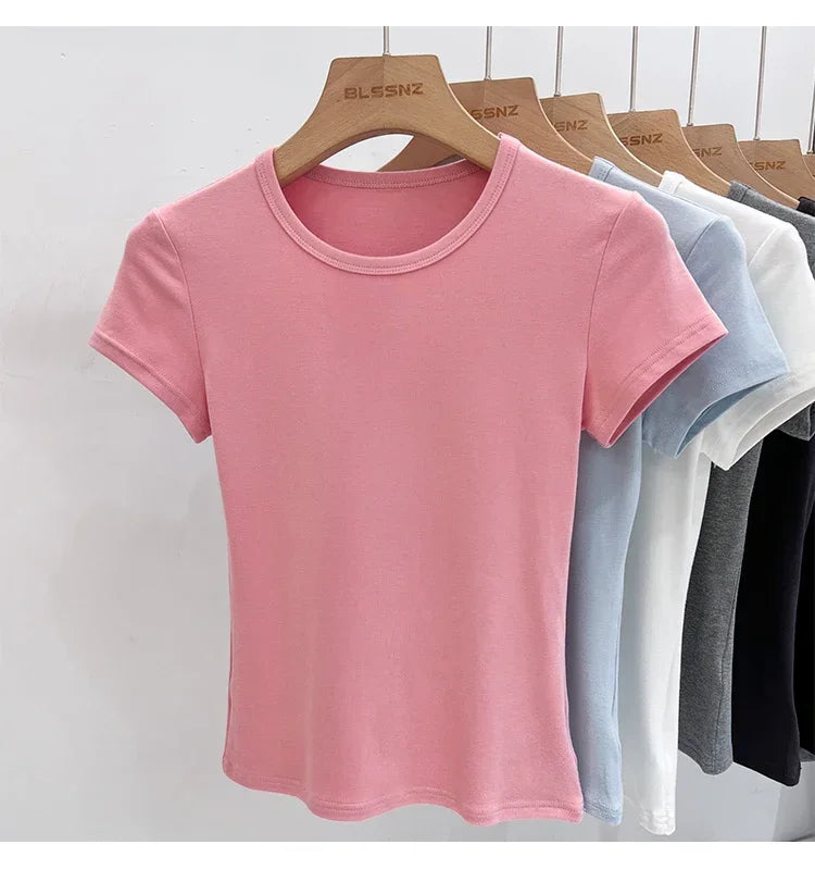 AOSSVIAO 2026 Summer White Cotton O Neck T-shirt Student Short Sleeve Versatile Tops Solid Slim Fit T Shirts Y2k Tee