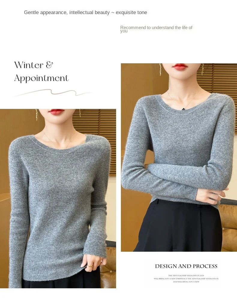 Early Fall New Crew-Neck Sweater Elegant High Elastic Simple Solid Color Thin Knit Crew-Neck Sweater Long Sleeve-GH458