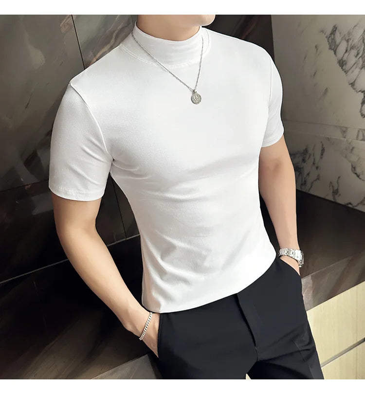 Spring Summer Men's Half High Neck Short Sleeve T-shirt Korean Slim Fit Solid Color Bottom Shirt Casual Cotton Elastic T-shirts