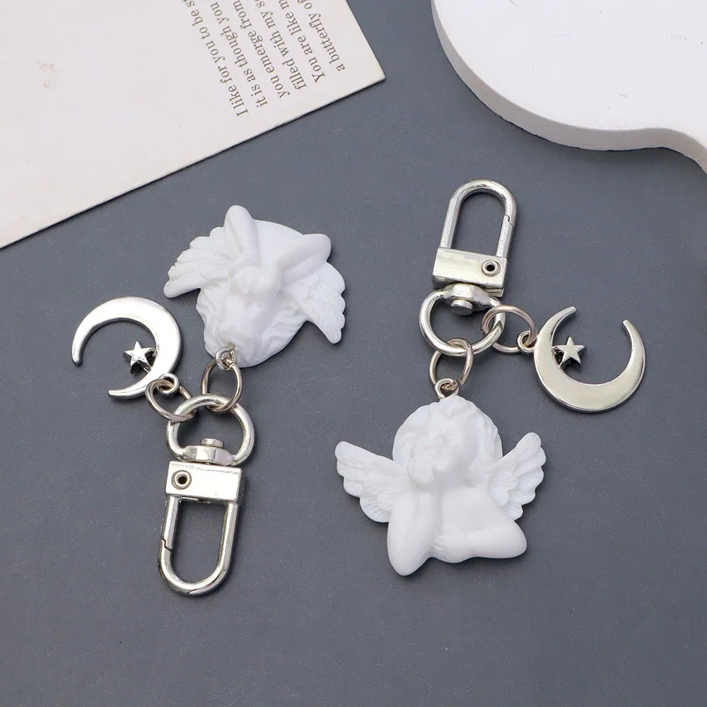 Creative Vintage White Angel Keychain For Women Girl Cute Star Moon Key Chain Car Key Ring Holder Trinket Bag Charms Jewelry