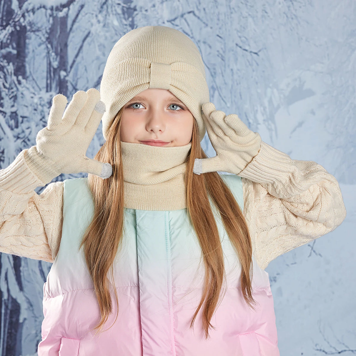 Anti-Cold Warm Children Hat Gloves Scarf Set Thermal Headband Cycling Ski Outdoor Ear Protection Knit Woolen Cap Winter Beanies