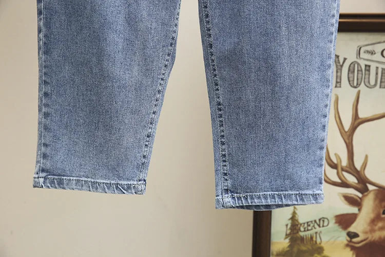 L-6XL Plus Large Size Baggy Jeans Women High Waisted Jeans Woman Mom Jeans Loose Denim Harem Pants Elastic Waist Blue