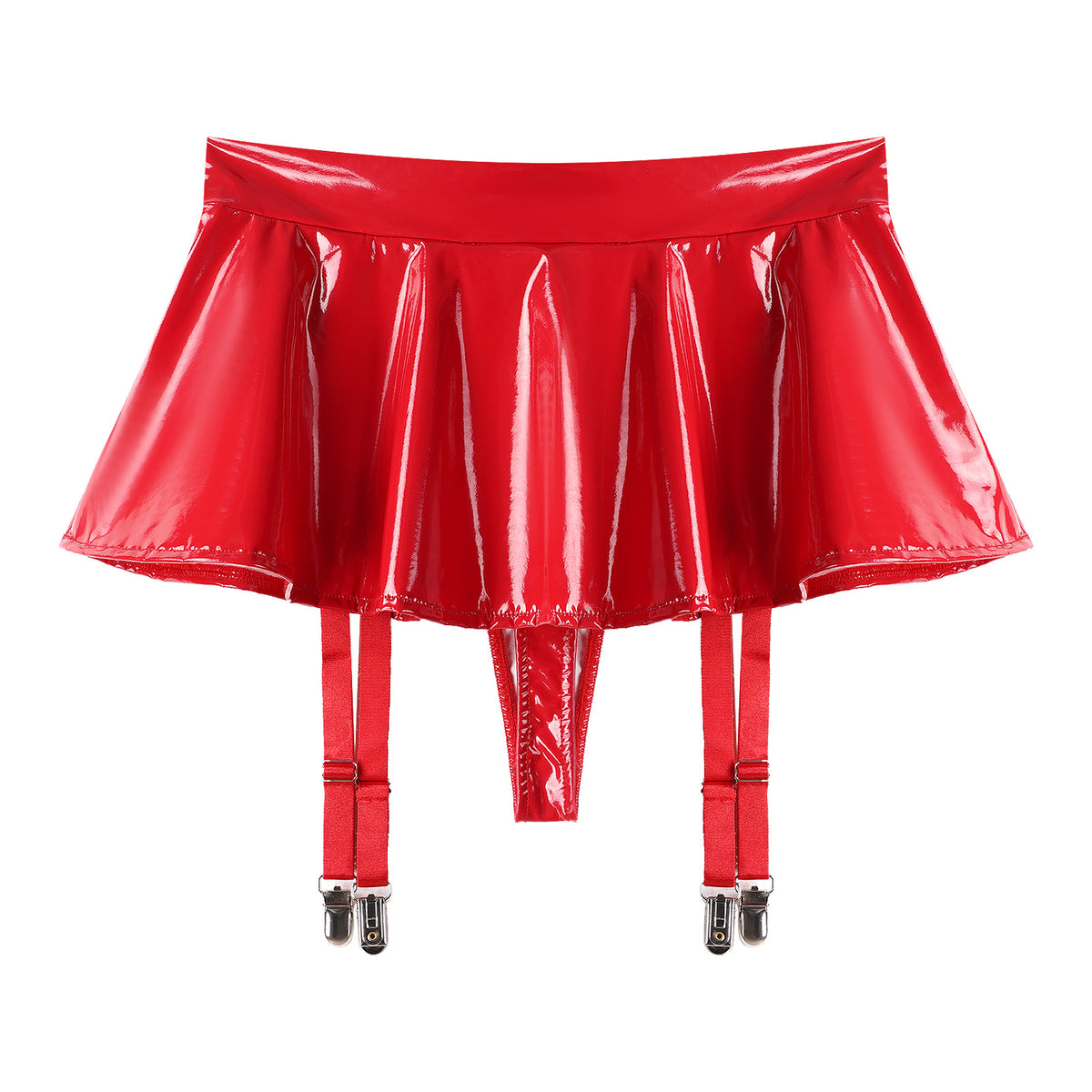 Sexy Damen Wetlook PVC Leder Rüschenröcke Party Low Waist Eingebaute Strings Minirock mit Strumpfhalter Metallclips Set Club