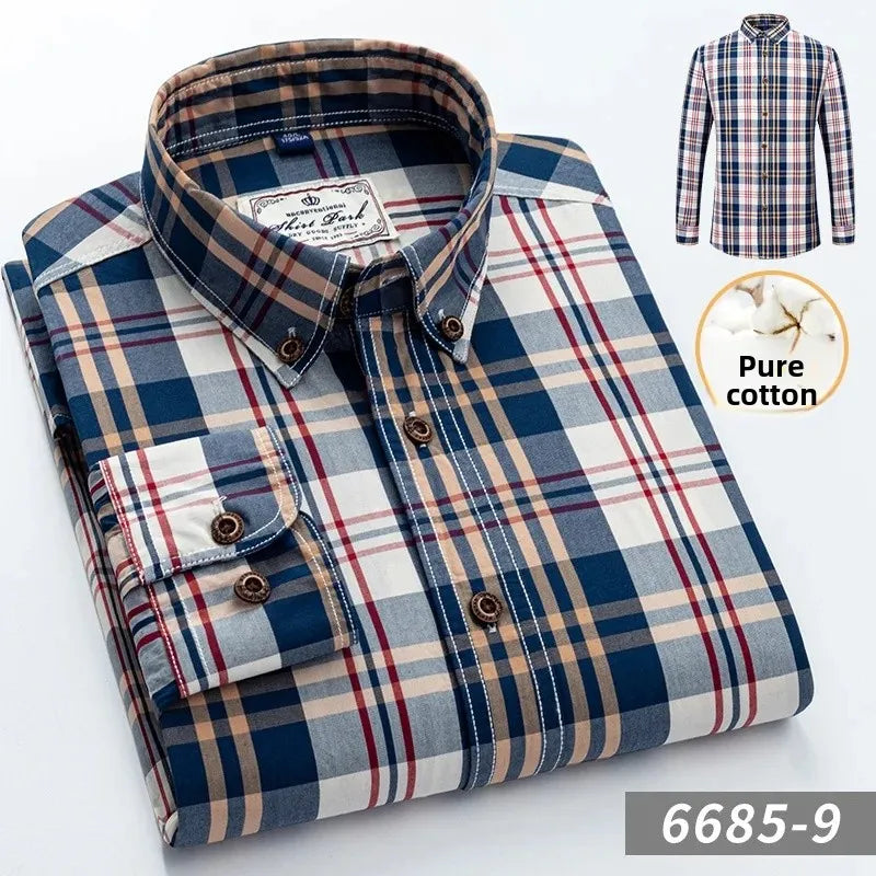 New Men's Pure Cotton Plaid Long Sleeve Shirt Spring Whole Cotton Casual Shirt Korean Style Slims Smooths Your Silhouette No Iro