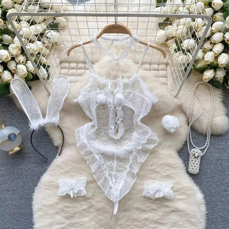 Sexy Cute Sweet Lace Backless Jumpsuit Women Slim Fit Bodysuit Girl Strap Bow knot Cosplay Hot Sweet Bow Ribbon Lingerie Dress