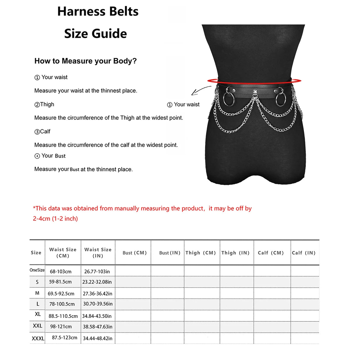 Women Punk Gothic PU Leather Waist‑Thigh Harness Garter Belt, Adjustable Chain Decor Accessory for Rave Festival Halloween Outfi