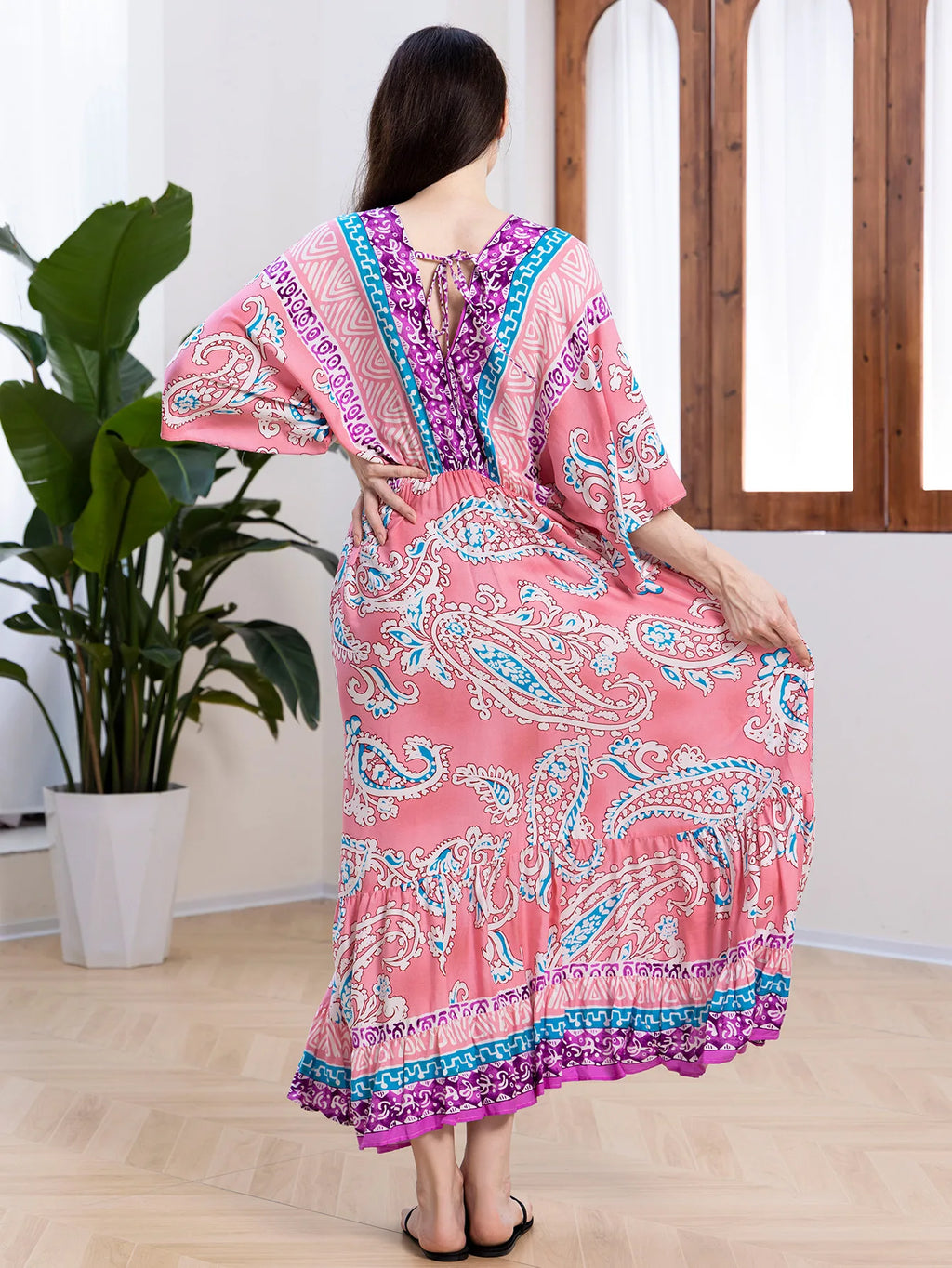 Bohemian Oversize Loose Elastic Waist Maxi Dresses Women Robe Cotton Rayon Floral Printed Long Dress Summer Boho Beach Cover up