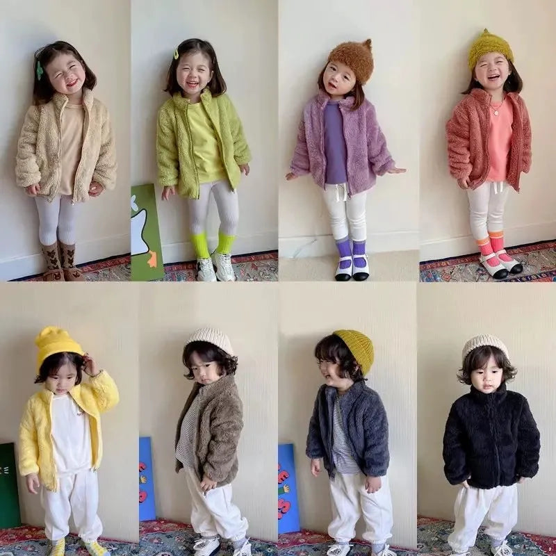 Jungen Mädchen Einfarbige Oberbekleidung Neuer Stil Mode Lässige Plüschmäntel Einfache Mode Kleidung Lässige Herbst Winter Jacke für Kinder