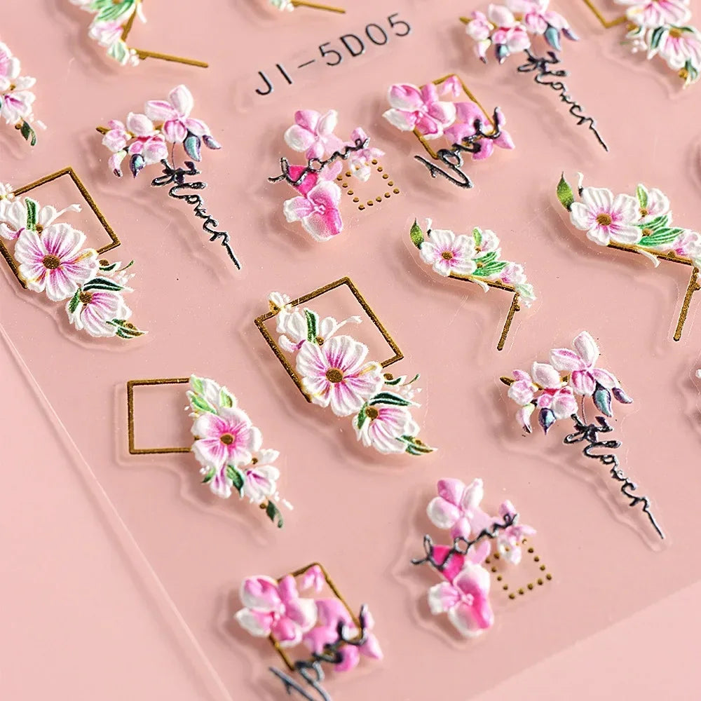 5D Nail Stickers Flowers Geometric Lines Decor Acrylic Embossed Sliders Gold Frame Nail Decals Cherry Blossom Manicure Nail Art