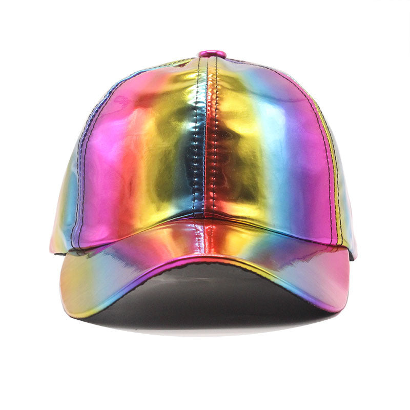 Rainbow Holographic Baseball Cap Shiny PU Leather Snapback Hat for Men Women Hip Hop Street Dance Party Cap