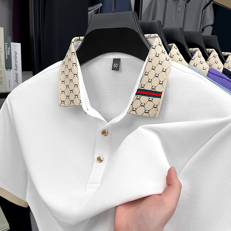 2025 Men's New Luxury High-end Jacquard Collar Lapel T-shirt Breathable Business Casual Top Suitable for Men's Spring and Summer
