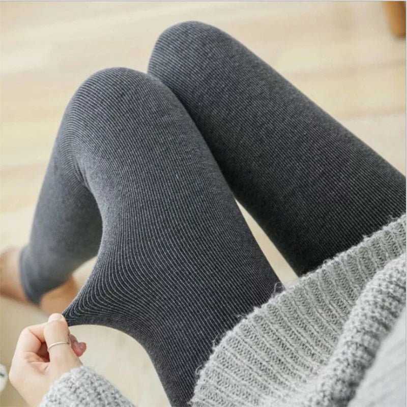 Winter Women Leggings Plus Velvet 350g Fleece Thicken High Waist Pantyhose Solid Vertical Striped Elastic Warm Tights
