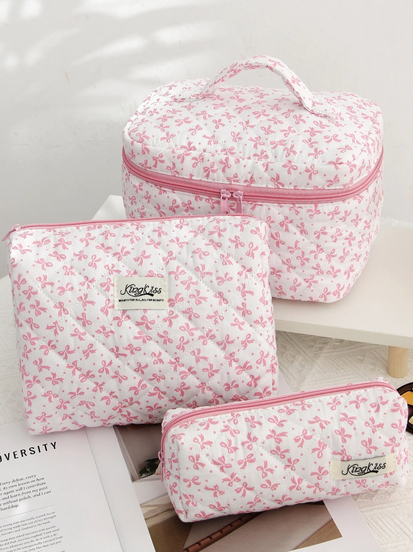 Pink Color Bowknit Print Cosmetic Bag Large Capacity Makeup Bag Pouch Skincare Toiletry Bag Travel Dorm Jewelry Lip Organizer