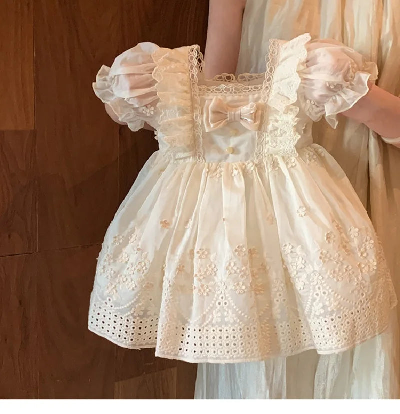Girls' French Lolita Princess Dress, New Summer Style One-Year-Old Dress, White Cute Little Girl's Beautiful Short-Sleeved Dress