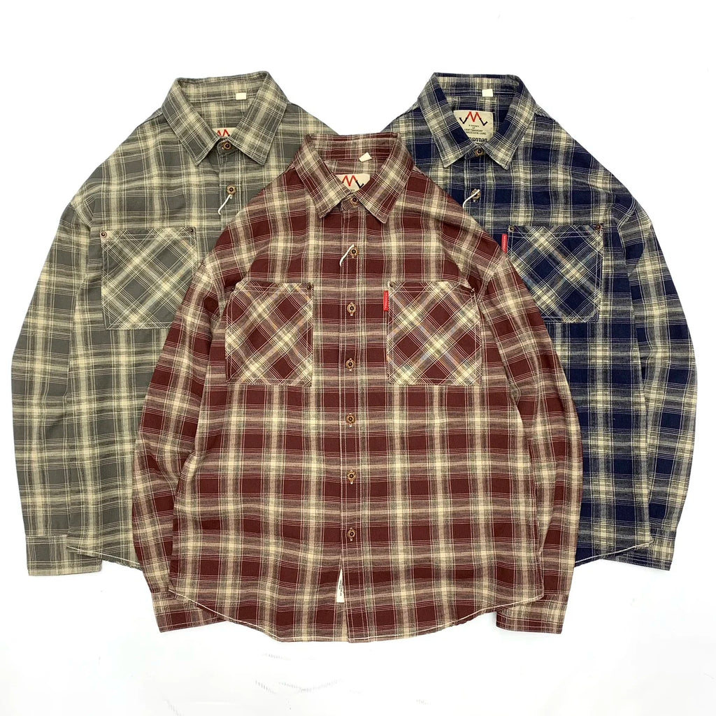 2025 Autumn New Japanese Retro Long-Sleeve Turn-down Collar Plaid Shirt Men's Fashion 100% Cotton Washed Loose Casual Blouses