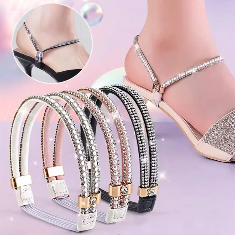 2pcs Anti-skid High Heels Shoes Band Women Rhinestone Shoelaces Triangle Bundle Anti-drop Straps Belt Drill Elastic Fixing Belts