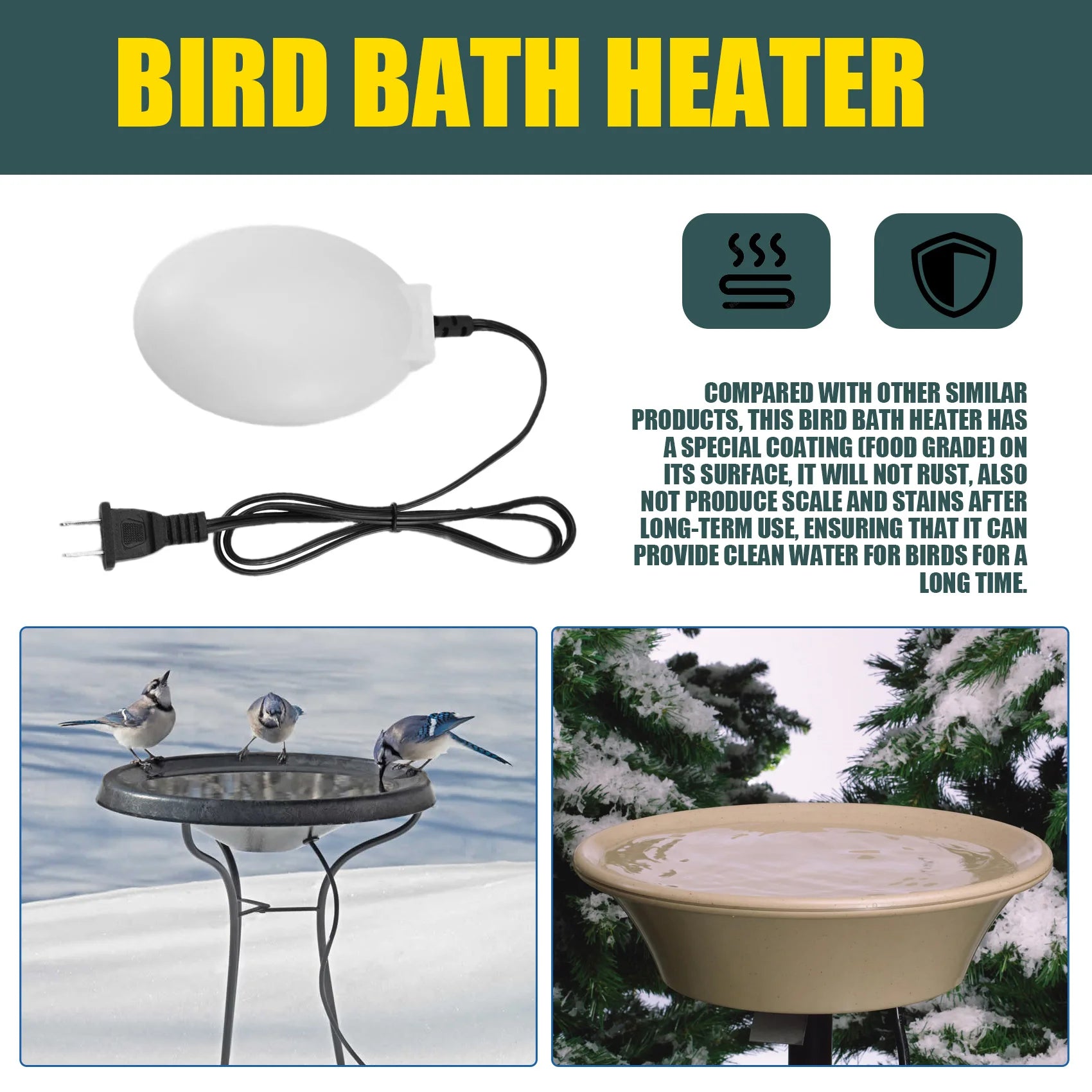 A59T Stronger Power 60W Bird Bath Heater, Birdbath Deicer with Thermostatically Controlled & Auto Shut US Plug