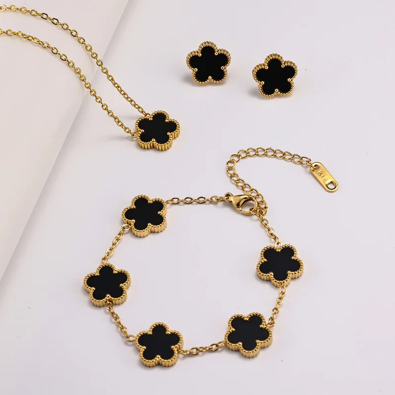 3 Piece Set Stainless Steel Bracelet Necklace Jewelry Sets Double Sided Flower Christmas Gifts Earring Gold Plated Bracelets