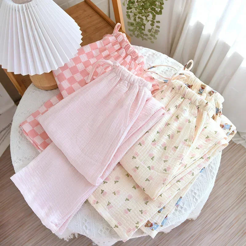 Spring New Pajamas Pants for Women Crepe 100% Cotton Loose Casual Straight Trousers Home Clothes Checkerboard Sleep Pants