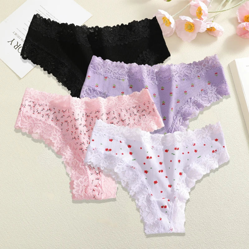 4Pc S-XL Women's Cotton Sexy Lace Brazilian Pants Seamless Low Waist Printing Breathable Underwear Ladies Lace Patchwork Panties