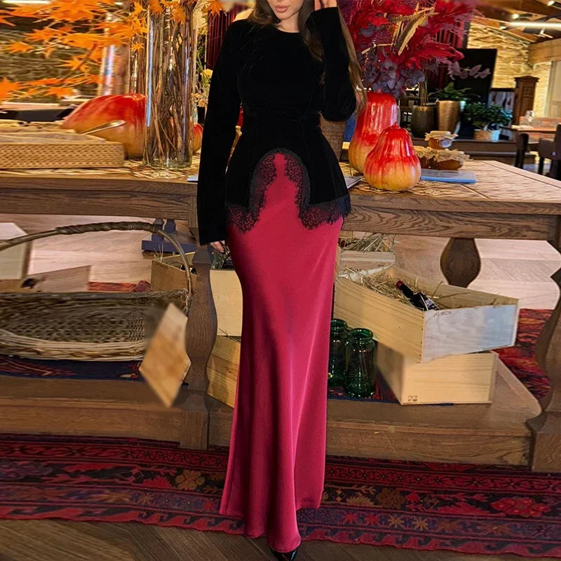 Elegant Lace Velvet Patchwork Women Top Flare Long Sleeve O-neck Split Female Blouse 2026 Spring Summer Lady Clothes New