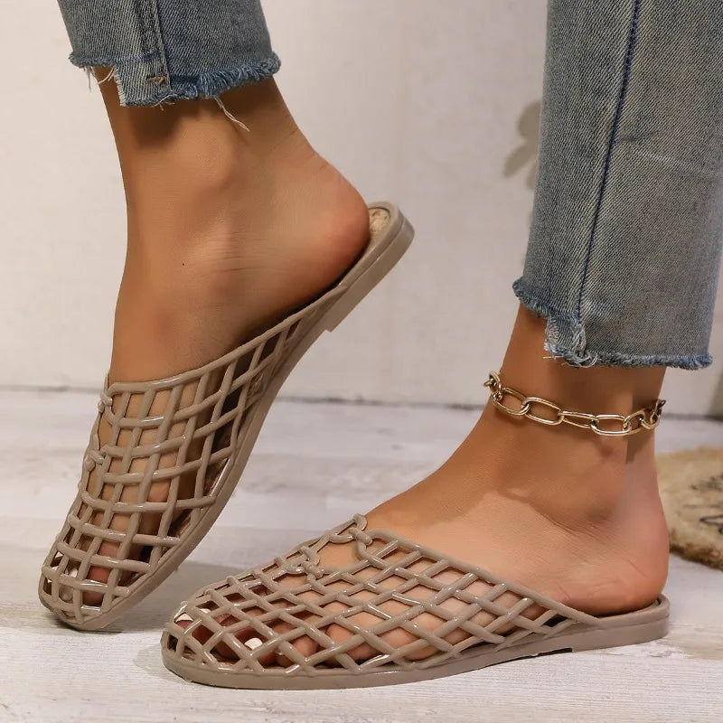 Women's Shoes 2025 Summer New Mesh Woven Hollowed-out Breathable Head Slippers for Women's Toe Wedge Sandals Zapatos De Mujer