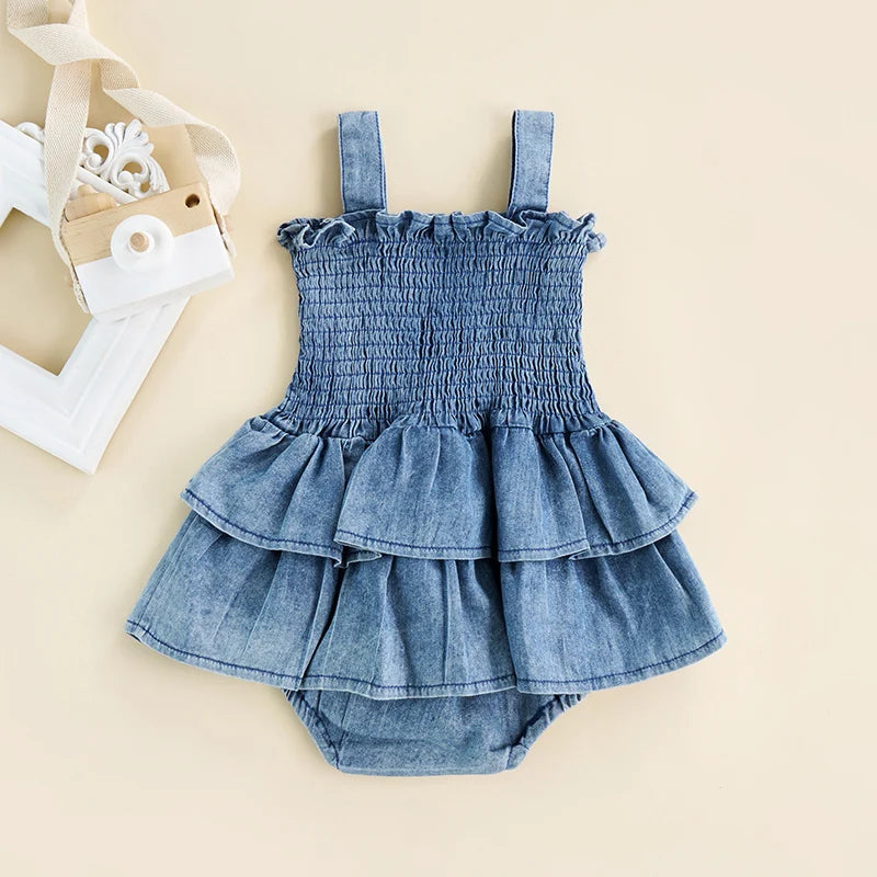 FOCUSNORM 0-18M Summer Baby Girls Boys Cute Romper Clothing Blue Denim Sleeveless Strap Ruffle Layered Jumpsuits