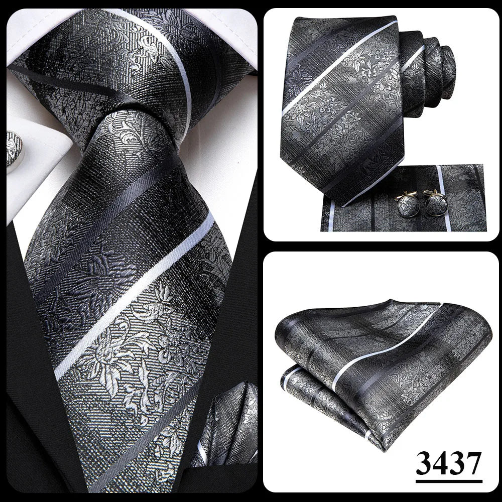Hi-Tie White Grey Paisley 2026 New Mens Tie Hanky Cufflink Set Necktie For Men Wedding Party Business Men Tie Fashion Brand