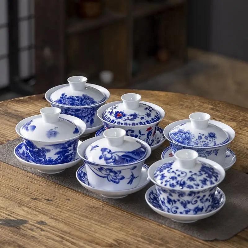 Blue and White Porcelain Gaiwan Tea Cup Large White Porcelain Ningxia Eight Treasures Tea Bowl Set Three Talents Tea Bowl Tea