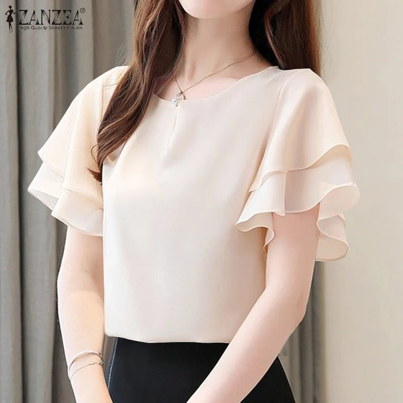 Elegant Women Short Sleeve Office Shirt ZANZEA Summer Blouse Fashion Solid OL Work Tops O Neck Blusas Tunic Ruffles Chemise