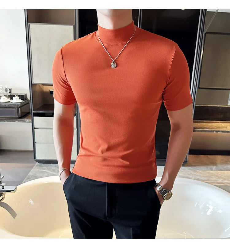 Spring Summer Men's Half High Neck Short Sleeve T-shirt Korean Slim Fit Solid Color Bottom Shirt Casual Cotton Elastic T-shirts
