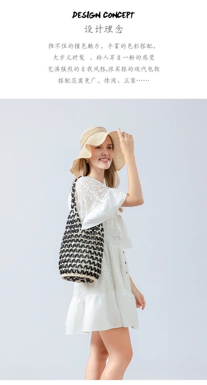 Summer Boho Style Hollow Out Woven Bag for Women Fashion Wooden Beads Shoulder Bag Seaside Holiday Mesh Bucket Tote Bags Bolsa